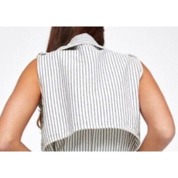 Zara Sz S Long Blue Ivory Striped Trench Seersucker Utility Duster Vest Jacket - Picture 6 of 12